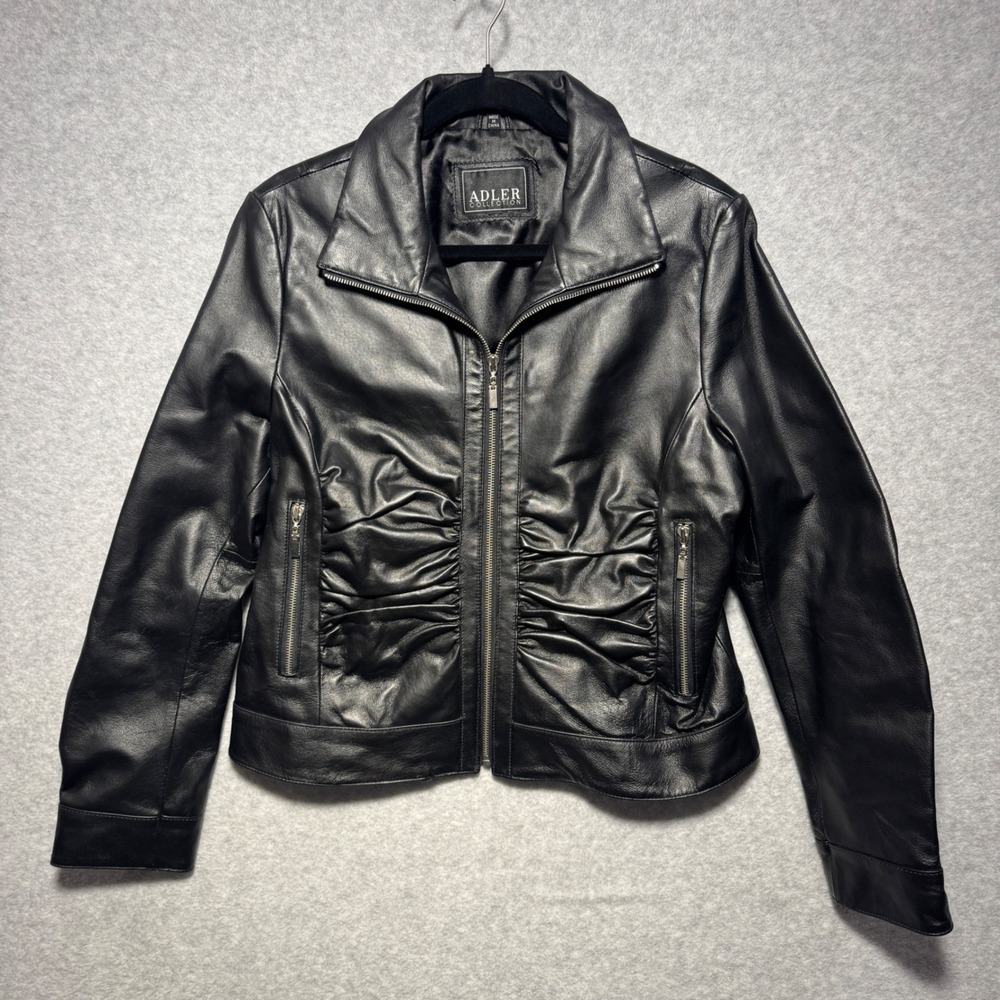Adler Collection Womens Black Genuine Leather Ruched Zip Up‎ Jacket Size M